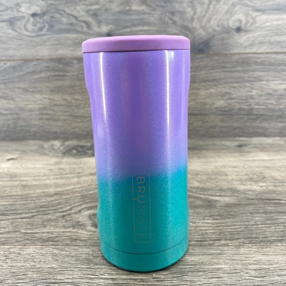 BruMate Hopsulator Slim Can Cooler 12oz Purple Teal Glitter Ombre Insulated
